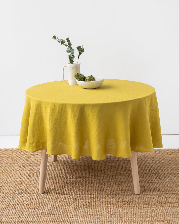 100% puur linnen effen ronde tafelhoes, tafelkleed van natuurlijke stof, voor keuken, eetkamer, feest, vakantie tafeldecoratie Diameter 90cm geel