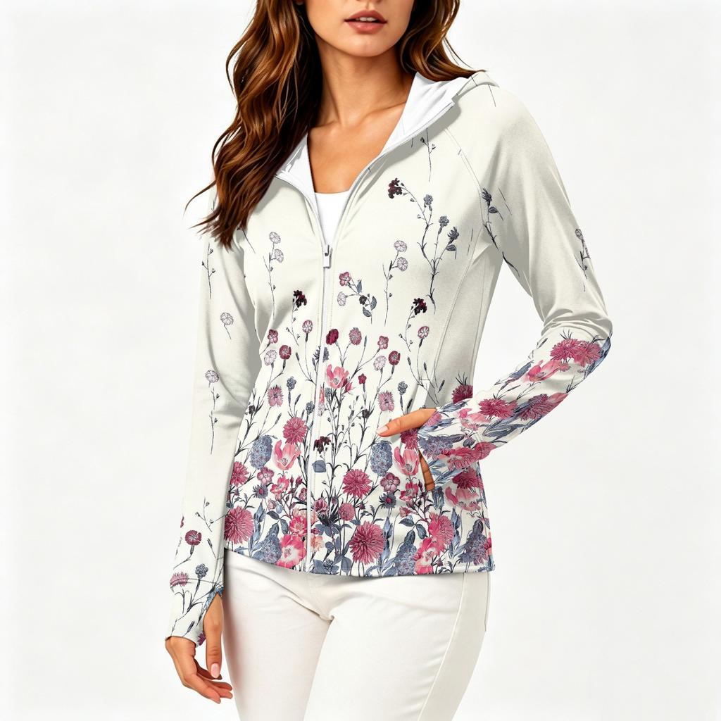 Women's Lightweight Long Sleeve Zip Up Hoodie with Hood and Pockets Floral Print Sun Protection Jacket for Outdoor Activities