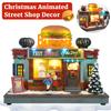 Christmas Animated Village Street Shop Gifts with LED Light & Music Burger French Fries House Figurine Ornaments Christmas Decor