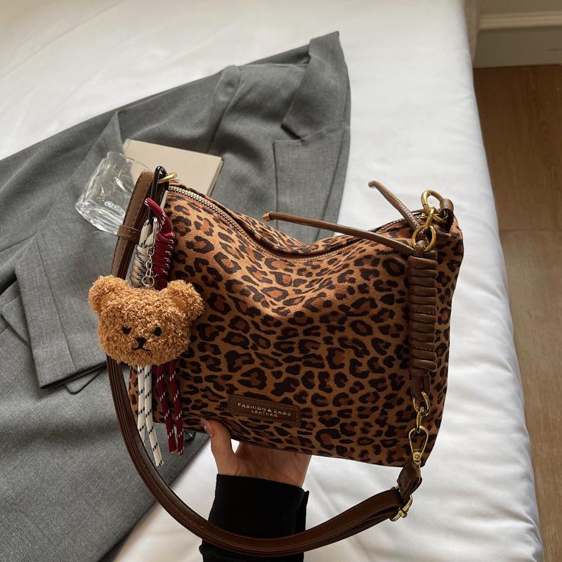 Women's Suede Leopard Print Large-Capacity Retro Crossbody Tote Bag