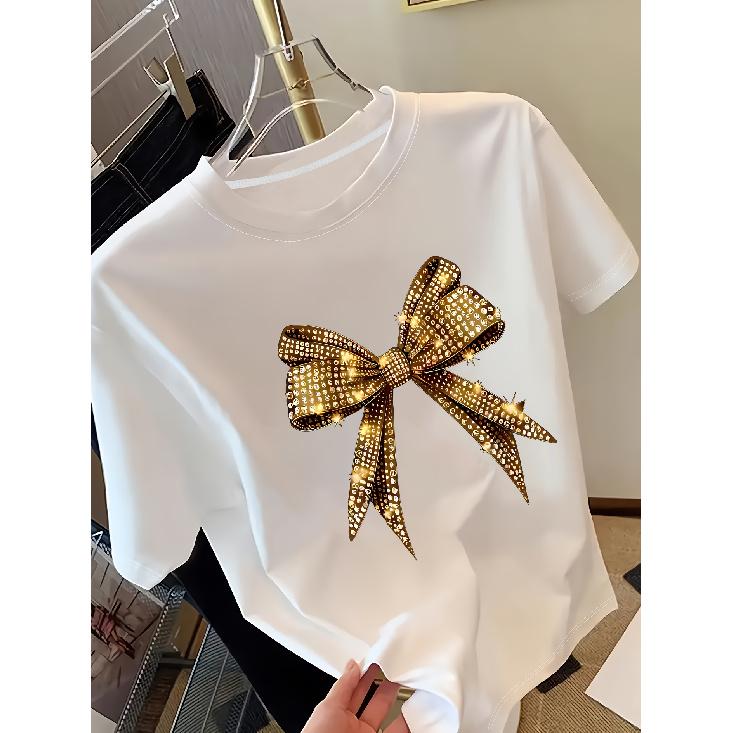 Women s Full Diamond Gold Bow Print Round Neck Short Sleeve Top T Shirt Shiny decorative pattern Spring and summer casual round neck top Ladies S белый