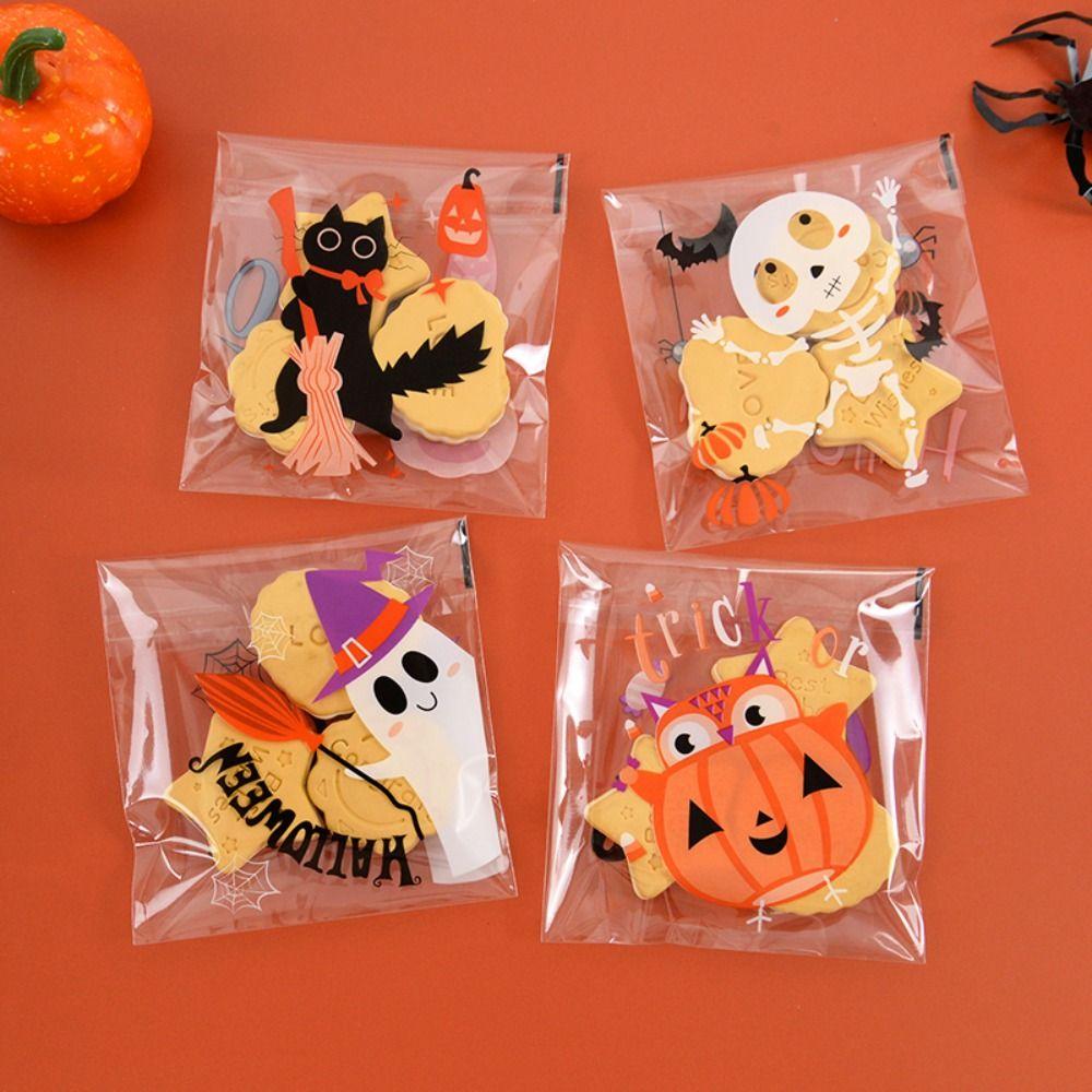 100PCS Pumpkin Halloween Plastic Candy Pouch Ghost Halloween Biscuit Gift Bag   Halloween