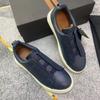 Mens Genuine Leather Slip-On Casual Sneakers With Elastic Band Comfortable Breathable Low-Top Flat Shoes