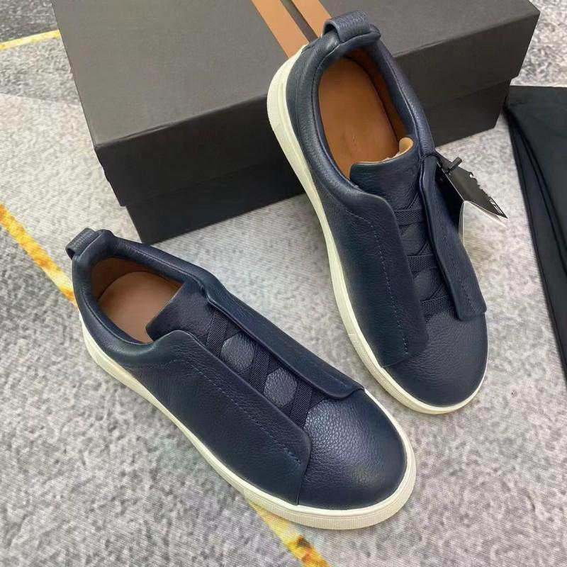 Mens Genuine Leather Slip-On Casual Sneakers With Elastic Band Comfortable Breathable Low-Top Flat Shoes