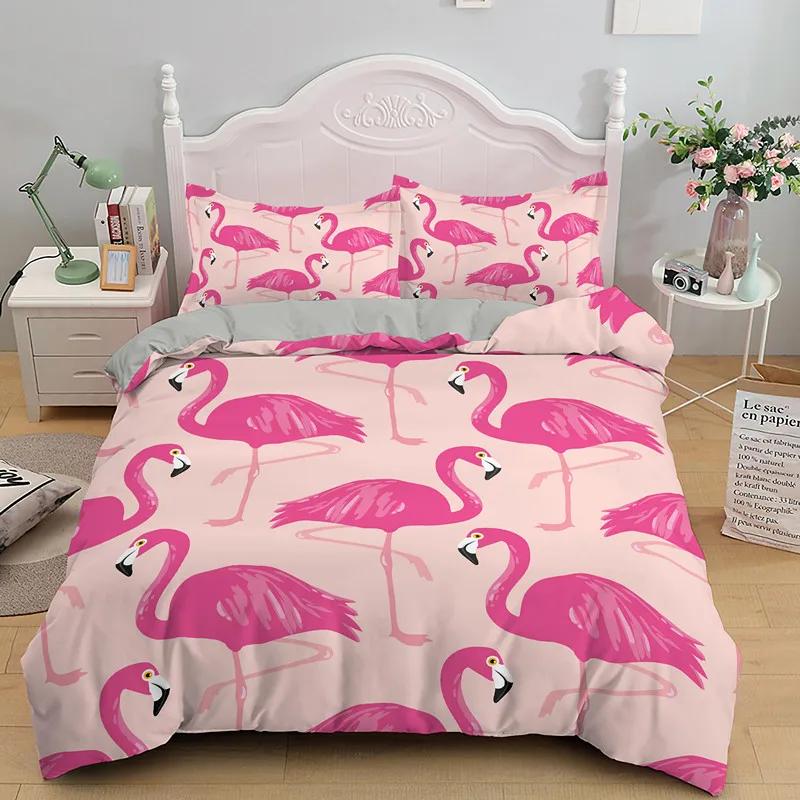 3D Flamingo Printed Beding Set King Quen Sized Dimensions Carton Pink Animals Soft Duvet Cover Featuring Pilowcases 2/3pcs Polyester Comfortable Quilt