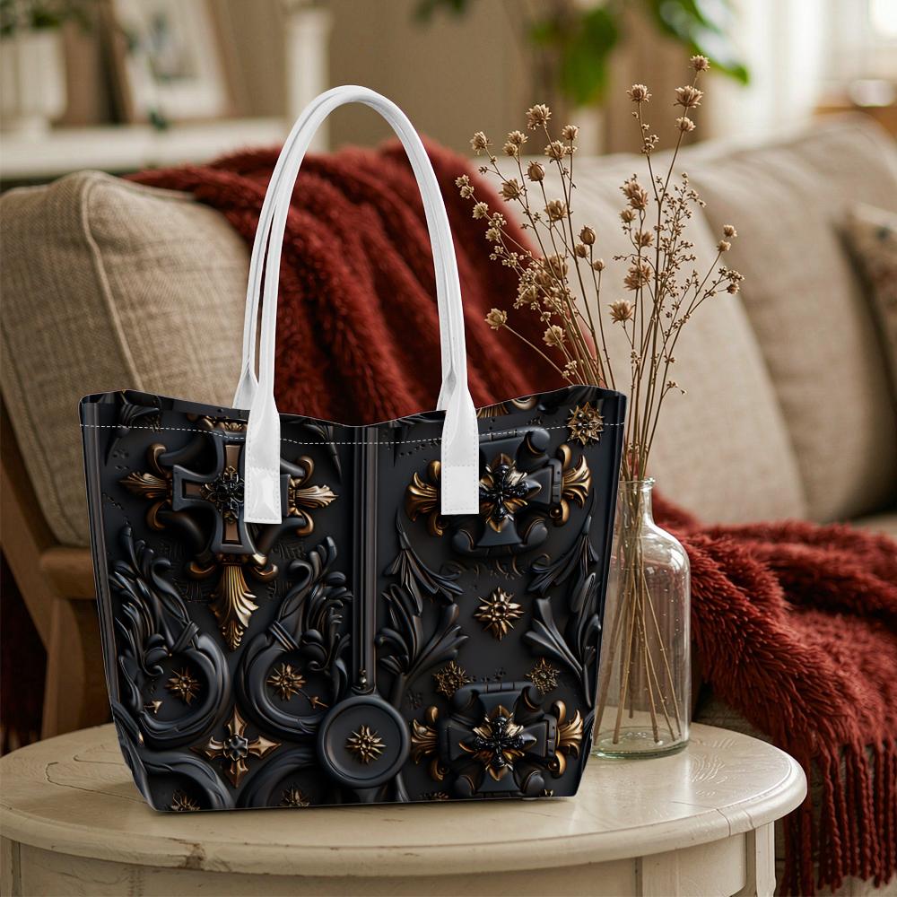 Gothic Style Cross Pattern Tote Bag Fashionable Large Capacity Casual Daily Shoulder Bag for Outdoor Commute