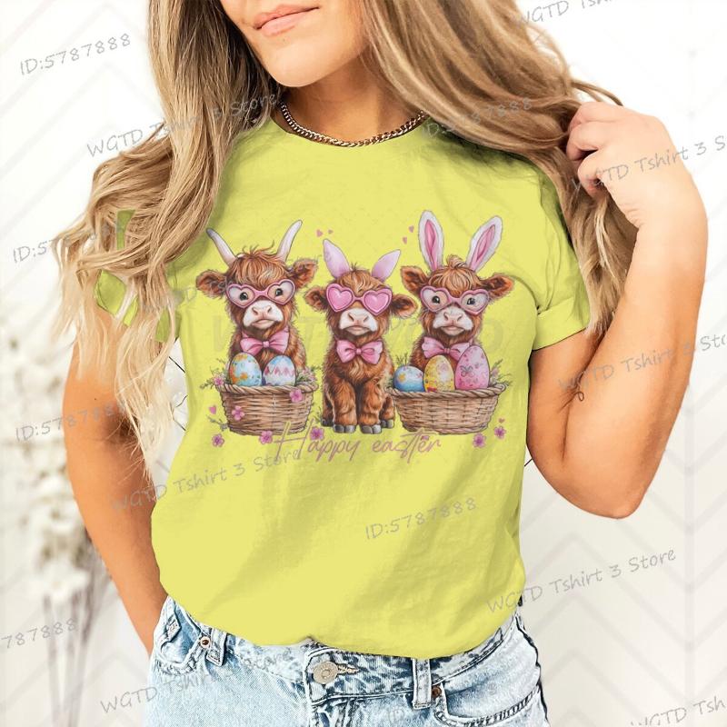 Frohe Ostern T-Shirt Damen Ostern Niedlich Highland Kuh Grafik T-Shirts Damen Niedliches Kuh Geschenk für Frauen Retro Oster-Vibes Shirt