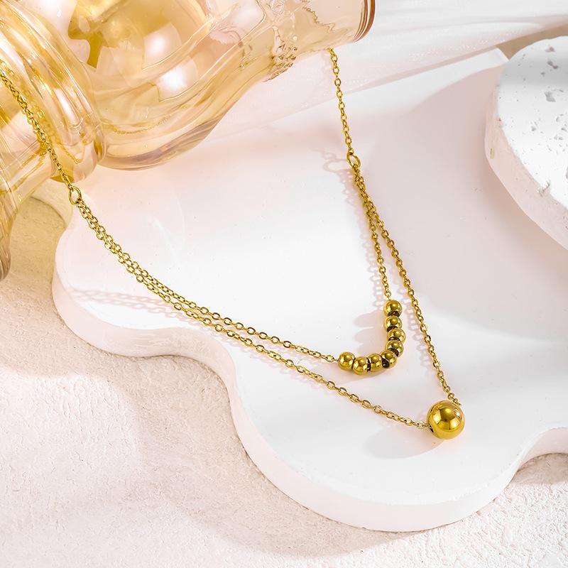 18k Gold Stainless Steel Double Layer Bead Necklace - Trendy French Design Women's Jewelry