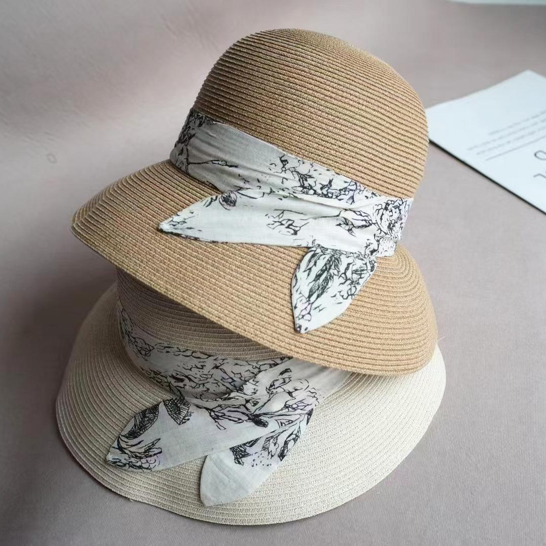 

Ink painting webbing retro bucket hat seaside vacation elegant temperament sunshade sunscreen straw hat summer woman Adult (56-58cm) верблюд