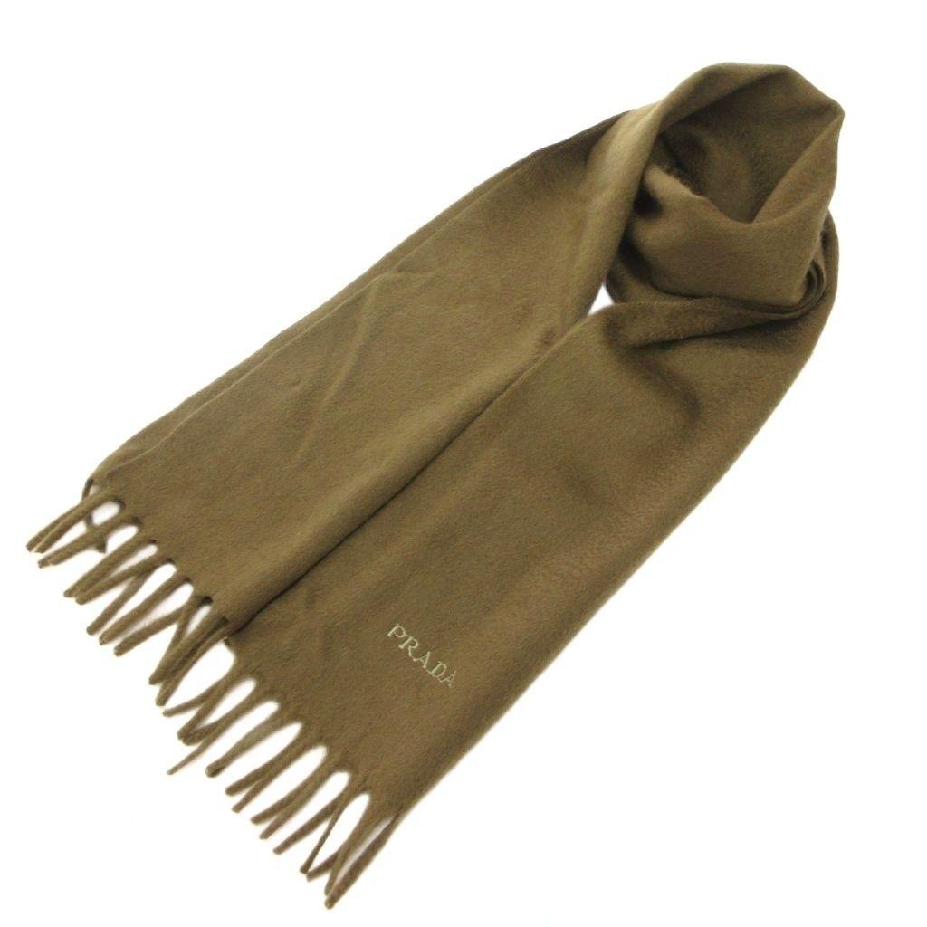 Used Prada PRADA Beautiful Condition Short Muffler Stole 100% Cashmere Fringe Logo Embroidery Khaki Green /JS IBO100
