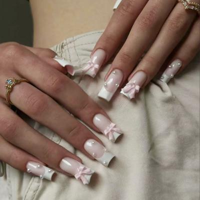 Nagelpflaster Reinweiß French Abnehmbarer Nagel Tragenagel Einfache Schleife Nagelpflaster Perle Diamant 24 Stück