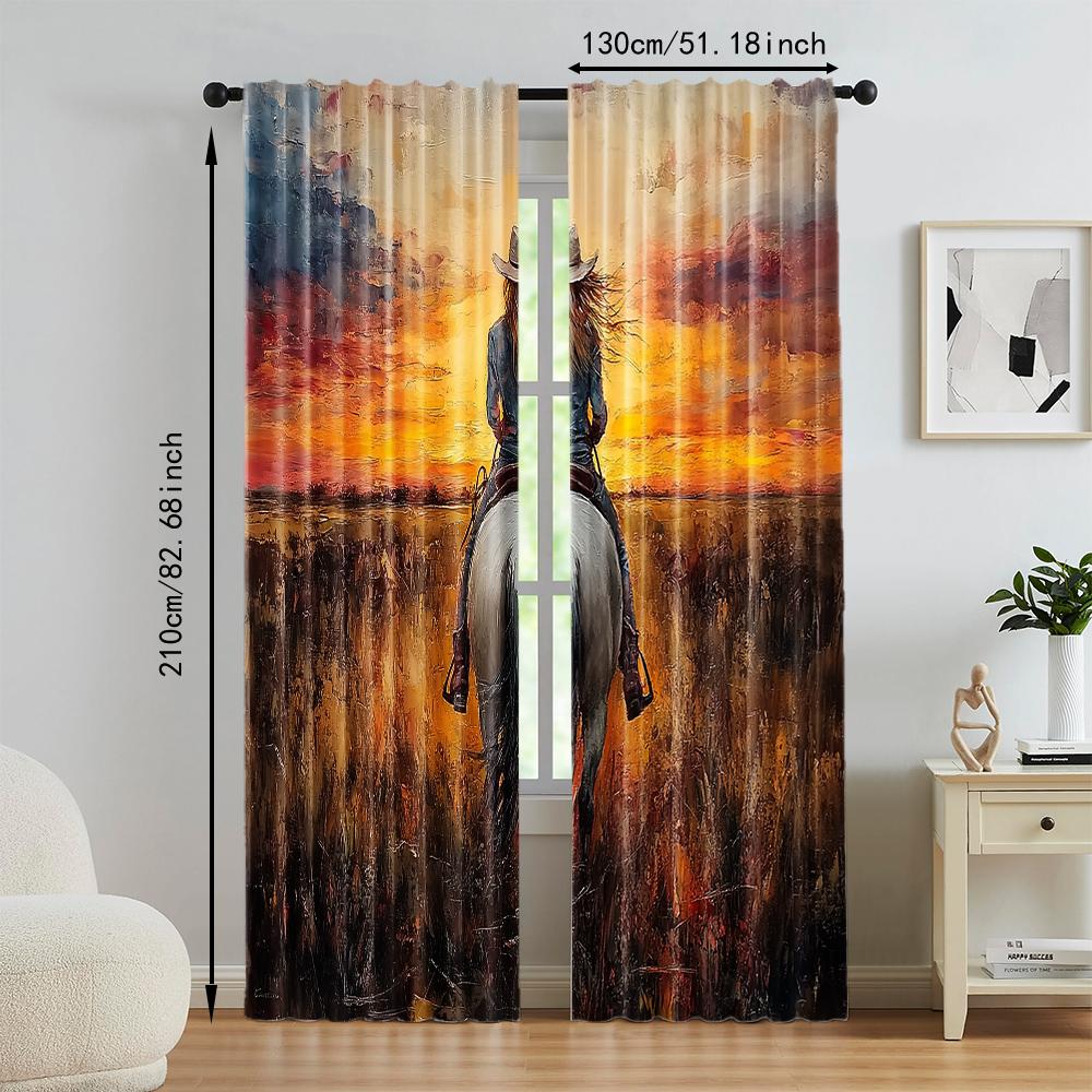 2 Pcs, Versatile Polyester Transparent Curtains for Home Decoration Western Cowgirl On Horseback for Use In Bedrooms and Living