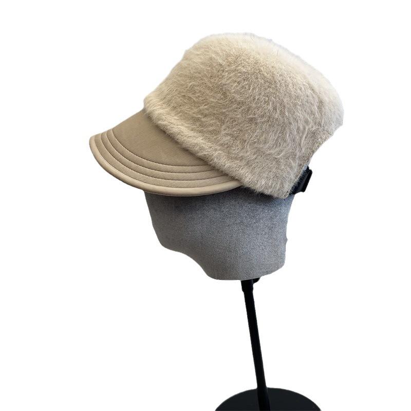 Rabbit Fur Knitted Splicing Leather Brim Equestrian Hat Autumn and Winter Women's Literary and Artistic Face Small Peaked Cap Tide