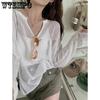 White Hollow Out Versatile Knitted Sweater for Women Sun Protection Loose Top for Early Autumn Wear