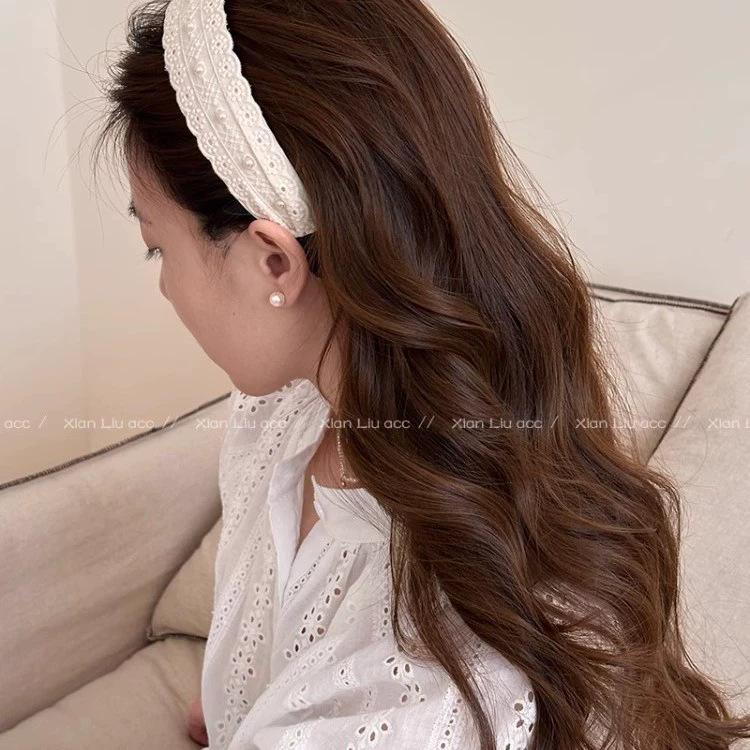 Korean Version of Flower Beige Lace Pearl Wide Edge Headband Girl Goes Out To Wash Her Face and Press Hair Accessories