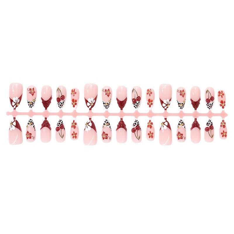 30 pieces of daily almond wearing nail 3d three-dimensional leopard print cherry flower advanced point diamond nail art