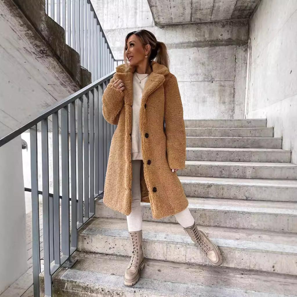 Women's Long Plush Teddy Coat - Button-Up Warm Fleece Overcoat for Winter