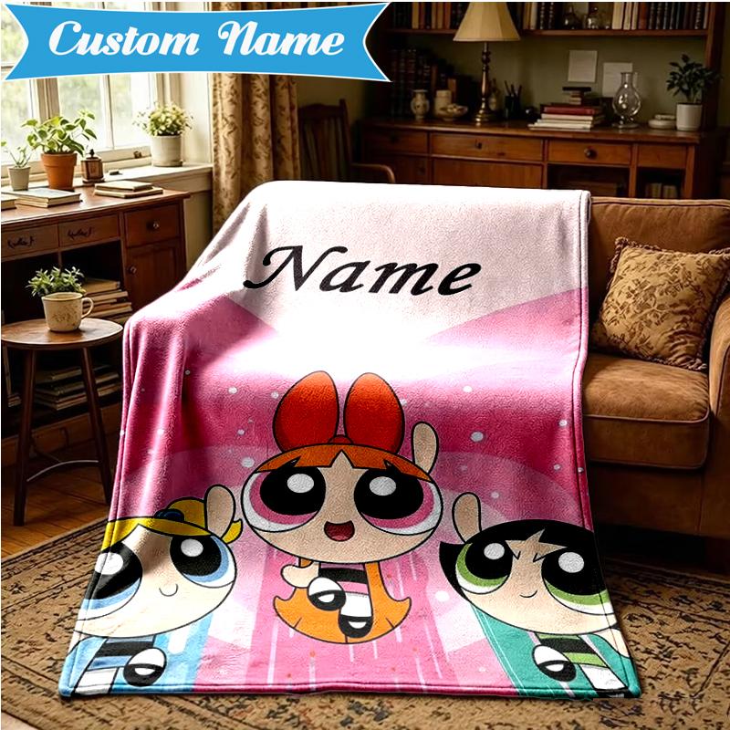 Custom Name Powerpuff Adventure Blanket Lightweight Ideal Bedding Blanket Perfect for Travel, Camping, Living Rooms, Sofas, Christmas Gift
