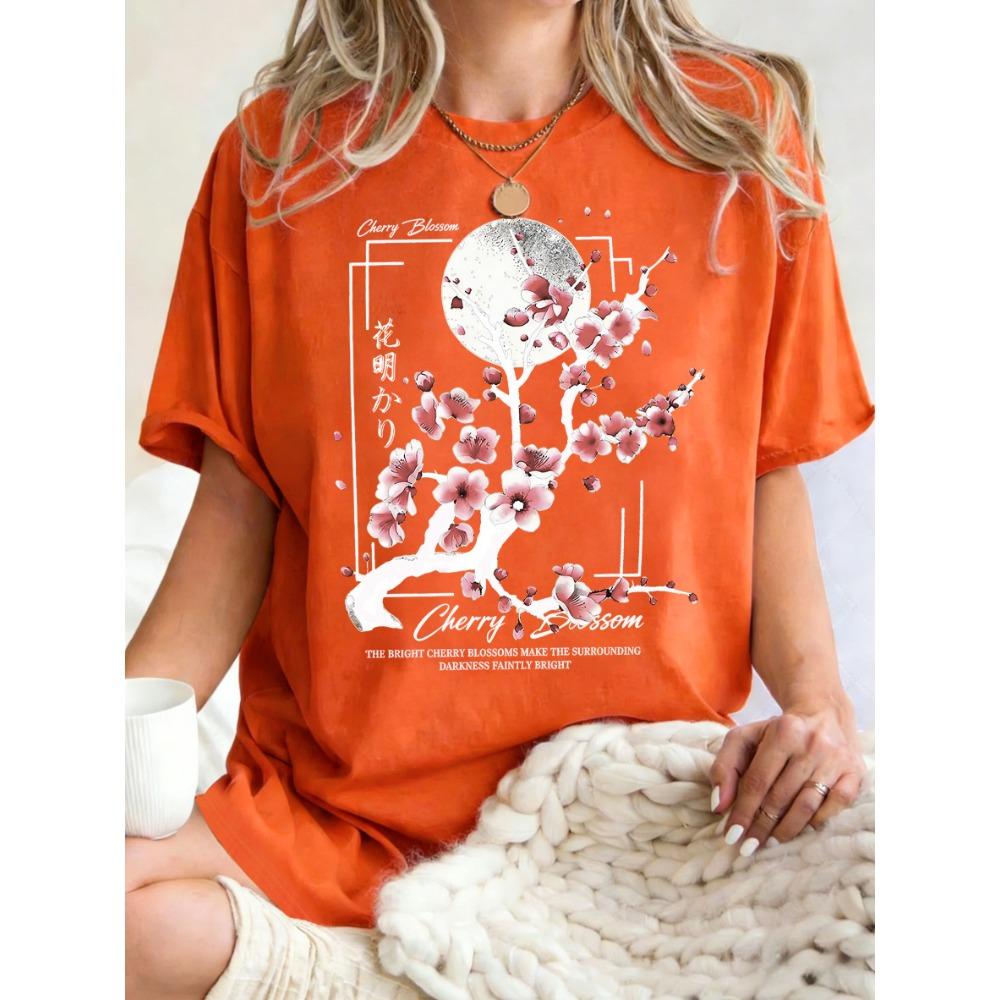 Japanese Cherry Blossom Design Women'S T-Shirt Loose Cotton T Shirts Crewneck Trendy Short Sleeve Y2K Summer Casual Streetwear