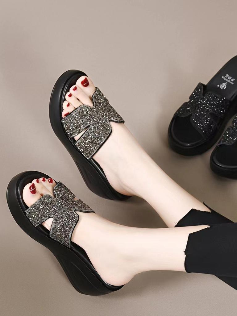 Slope heel rhinestone cool slippers women's high heel soft leather Korean version thick bottom H half drag summer outer wear muffin bottom one-word d