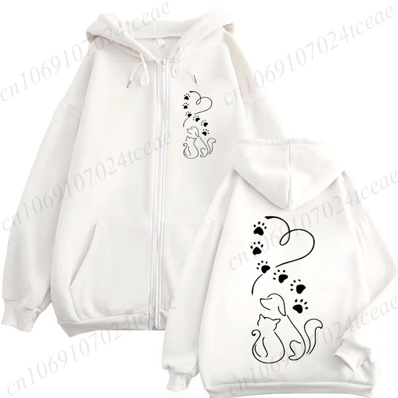 Dog and Cat Love Heart Graphic Fashion Zip Up Hoodies Women Autumn Long Sleeve Harajuku Clothes Female Sweatshirt Jackets