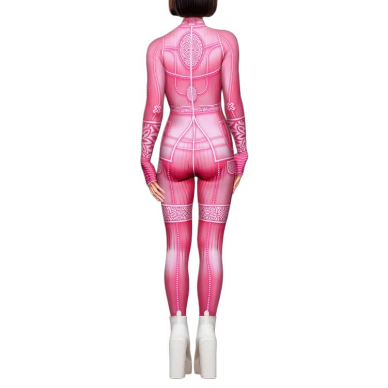 Women Dance Pink Tights Adults Halloween Party Cosplay Dress Up Cyber Punk 3D Digital Printing Jumpsuit