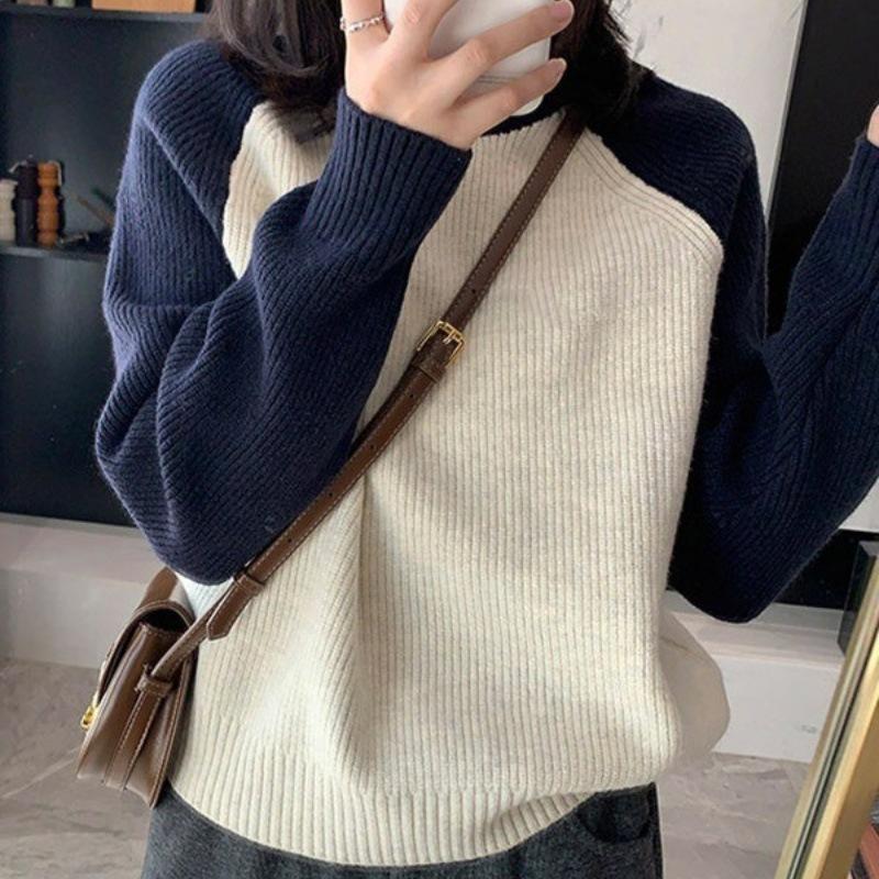 Round Neck Contrasting Color Knitted Sweater New Design Sense Autumn Winter Casual Long Sleeved Set Base Women's Top