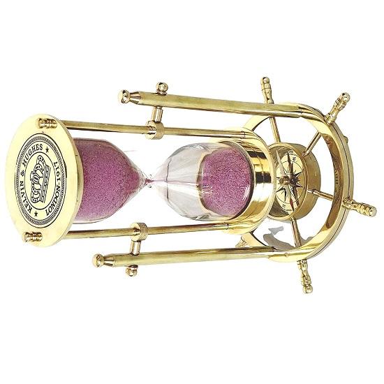 Rotating Stand and Timer 20.32cm Ship Nautical Wood and Brass Sand Timer Hourglass