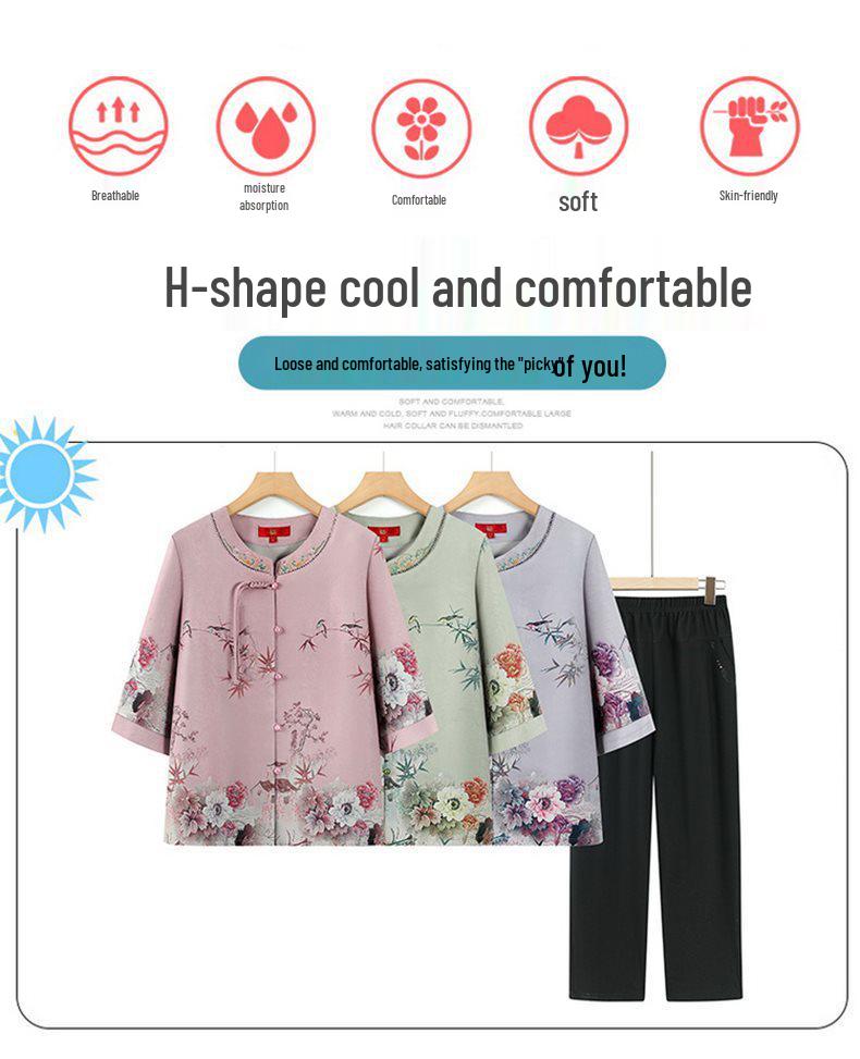 Stylish Summer Set for Women: Chinese-Inspired Short-Sleeve Top and Pants for Middle-Aged and Elderly Ladies
