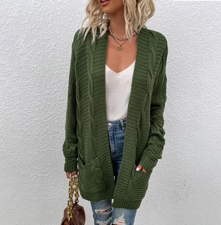 Autumn and winter loose casual twist knitted cardigan European and American pocket medium and long sweater jacket