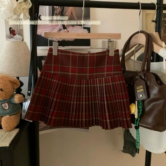 Women's High Waist Plaid Wool Skirt - Spring 2025 College Style Petite Skirt
