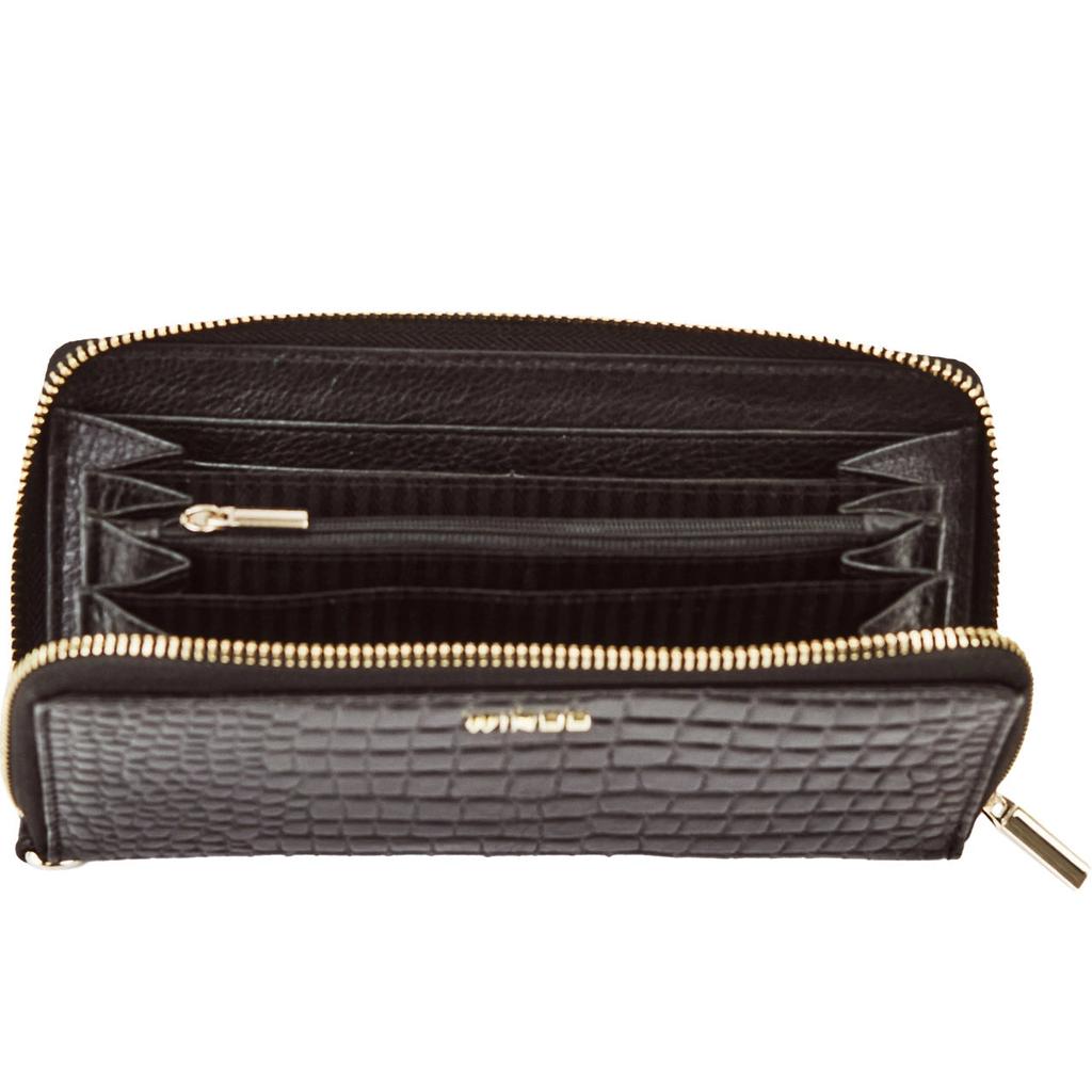 Women' Leather Wallet with Wings Croco Black Wrist Strap