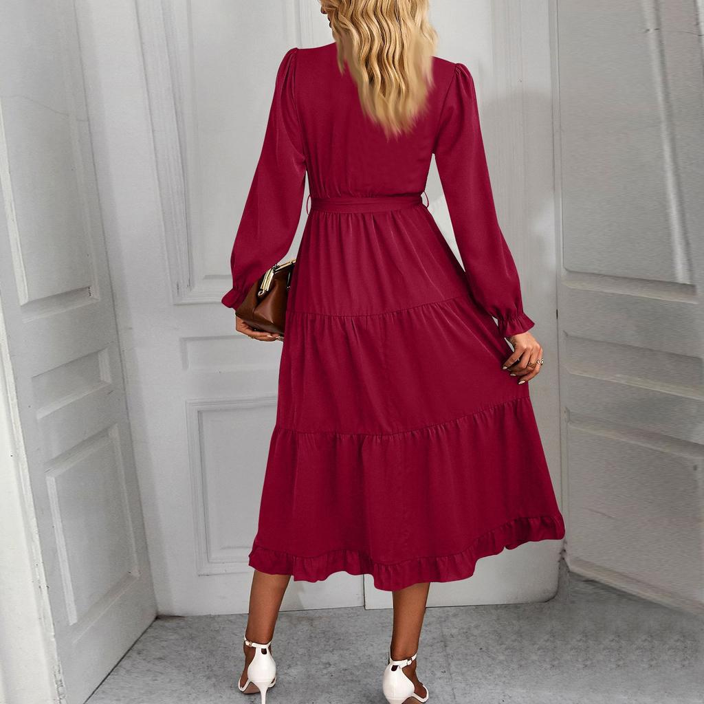 Dress For Women Long Boho Beach Dress Elegant Maxi Dress V-Neck Long Sleeve Dress With Pockets