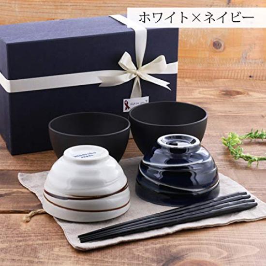 Japanese tableware set of spiral couple rice bowls and chopsticks pair Tableware set Rice bowls x Wrapping paper 6-piece bowls, (white navy)