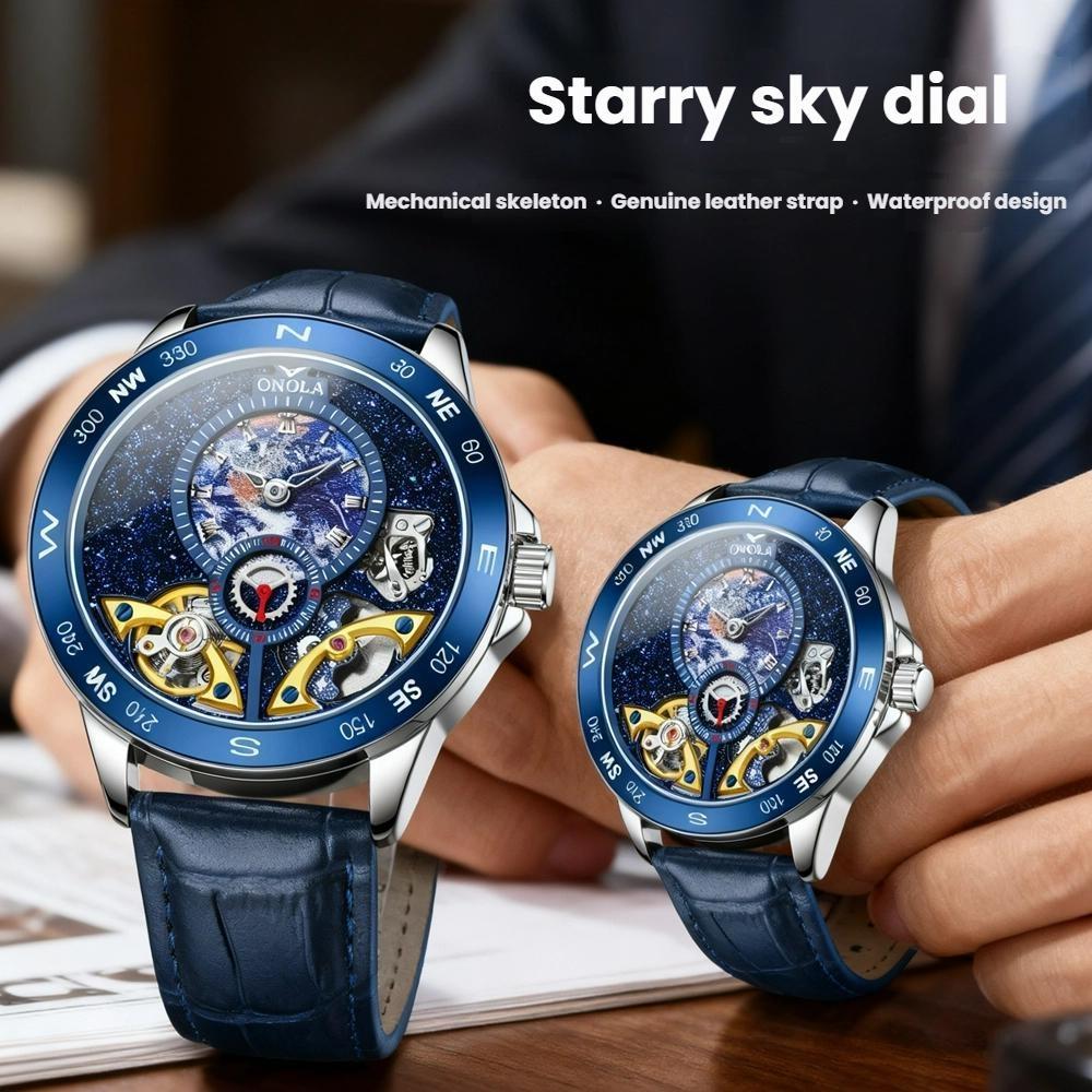 Luxury Double Tourbillon Mechanical Watch Men Business Leather Starry Sky Dial Waterproof Men Automatic Watch