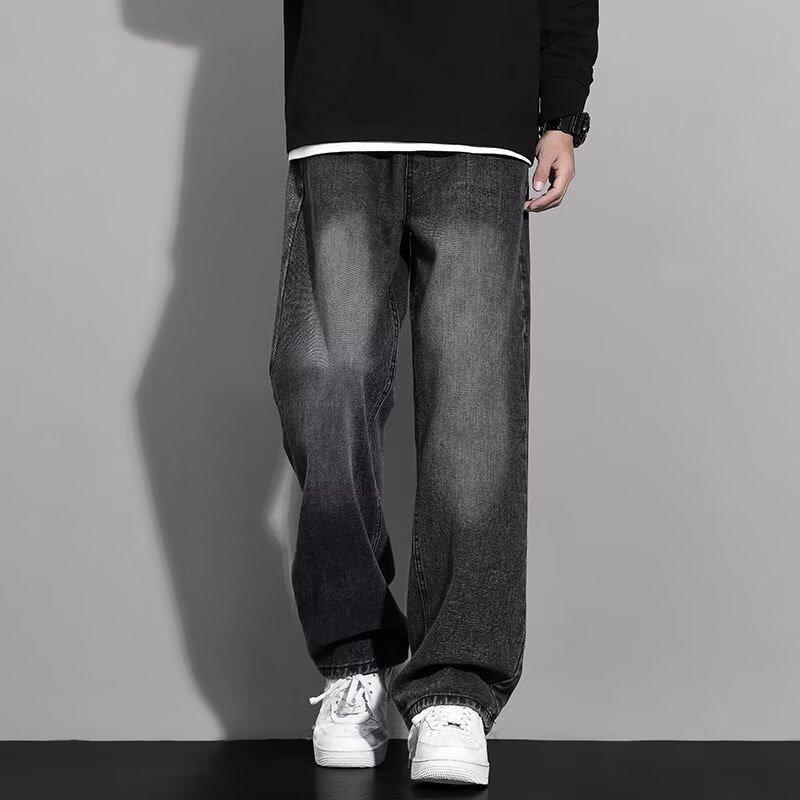 New Korean Men's Casual Long Jeans Classic Man Straight Denim Wide-leg Pants Solid Color Baggy Male Student Trousers