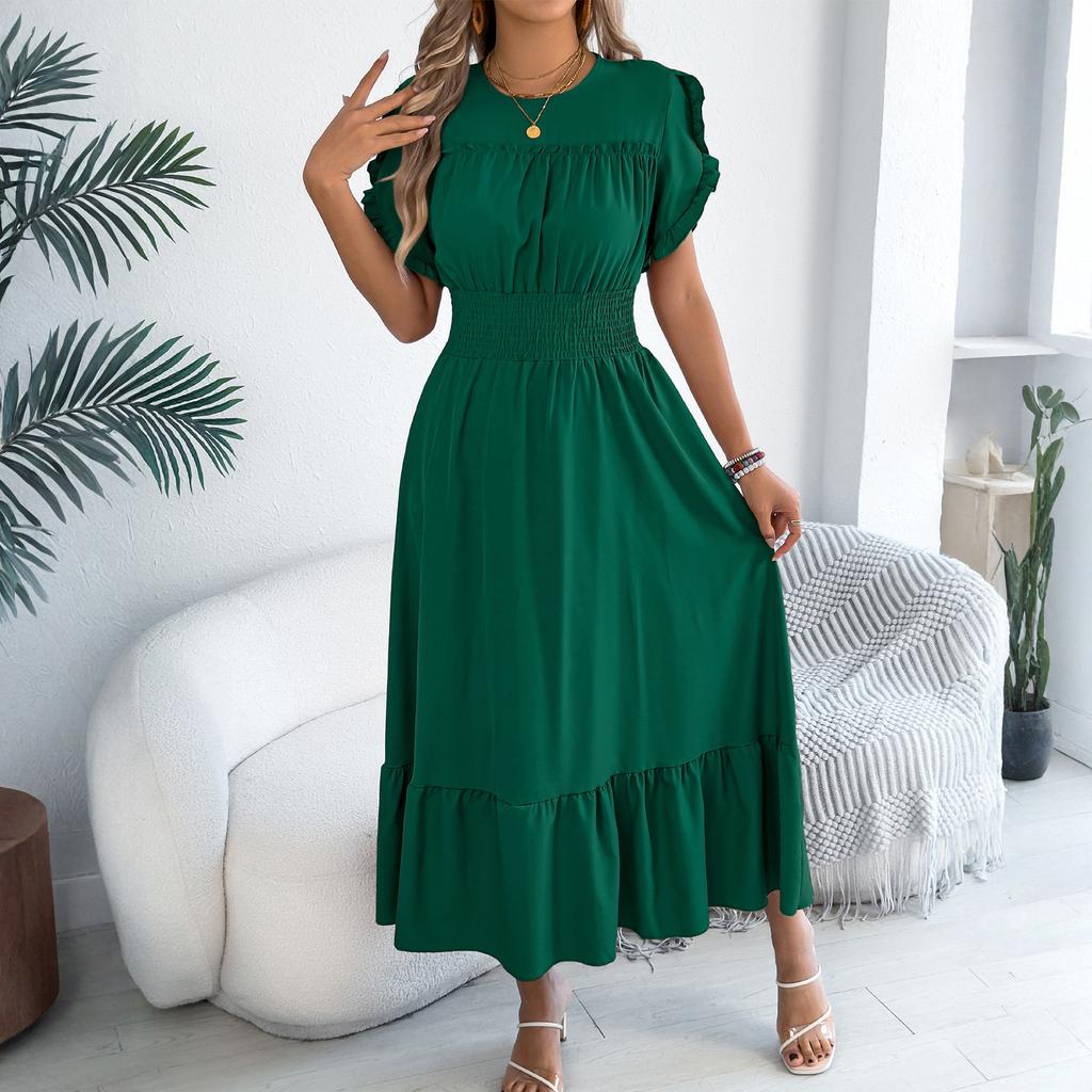 Women's Fashionable Casual Color Off Shoulder Black Fungus Edge Short Sleeved Pleated Waist Dress