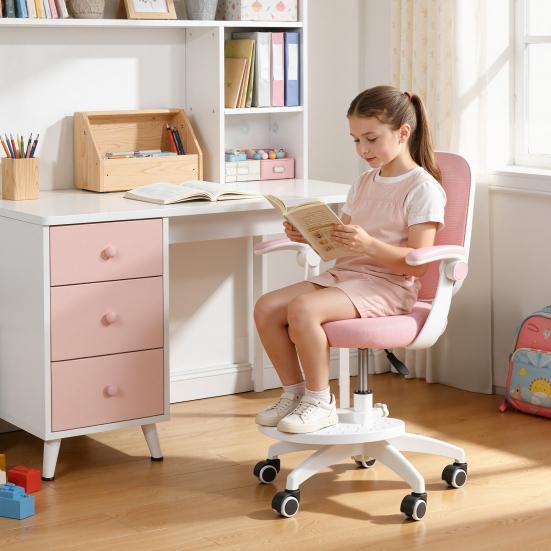 Silla Ergonómica de Estudio para Niños con Reposapiés Ajustable y Reposabrazos abatibles, Malla para Ordenador Infantil Oficina, Giratoria 360 grados para Habitación de Casa Dormitorio Sala de Estudio