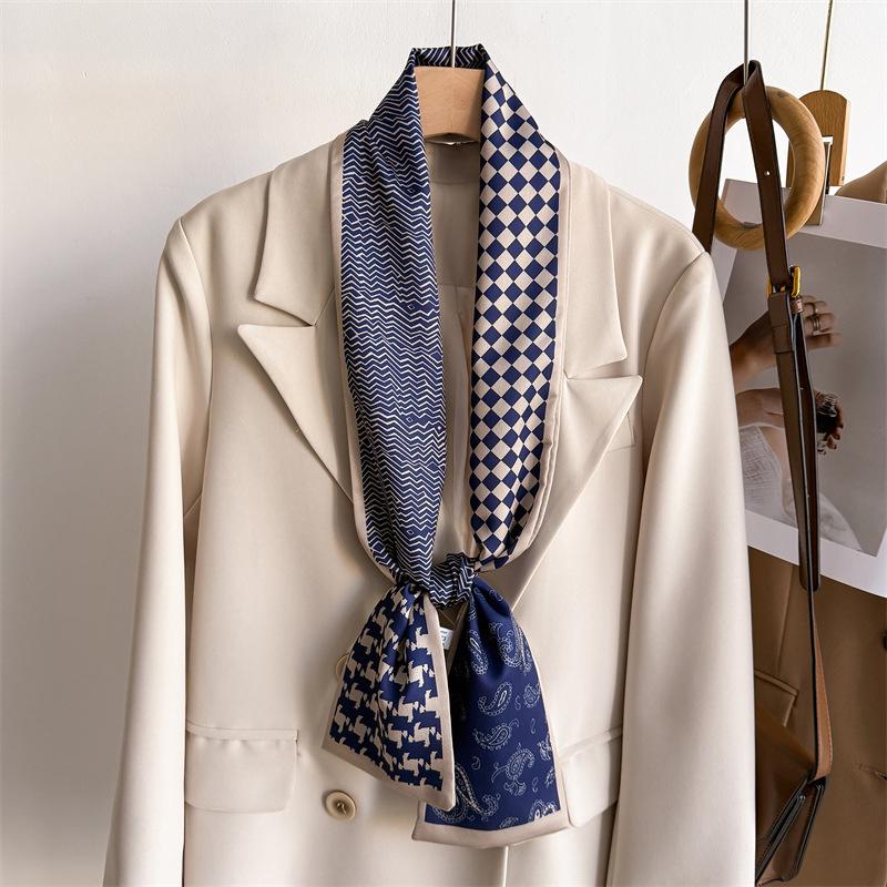 Geometry Plaid Small Silk Scarf Women Tie Bag Headband Double-Layer Printing Hairband Neckerchief Ribbon Luxury Decorate