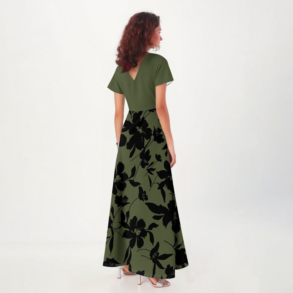 Women's Casual V-neck Short Sleeve High Waist Retro Flower Leaf Print Dress