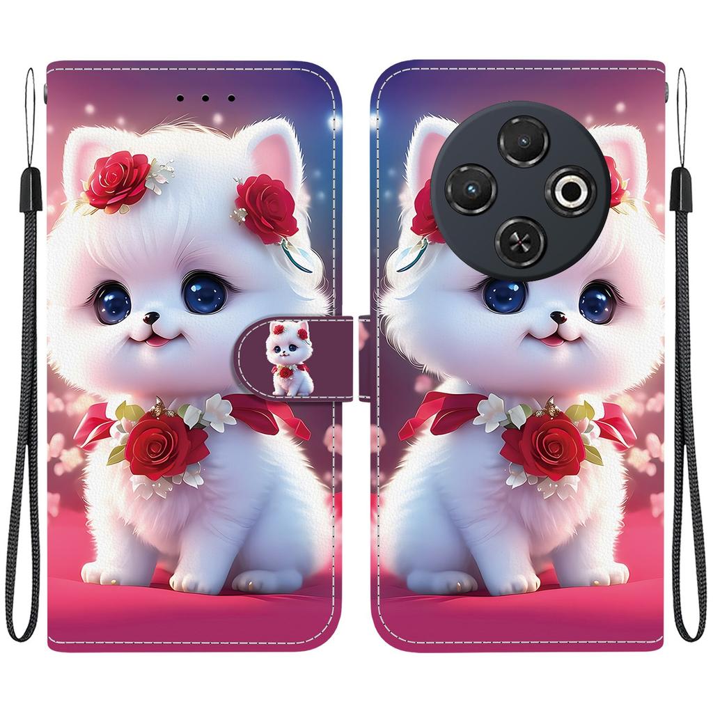 Handmade PU Leather Flip Case for Tecno Spark 30C (4G) Anti-Slip Shockproof Cover with Wrist Strap & Heart/Rose Cat Designs