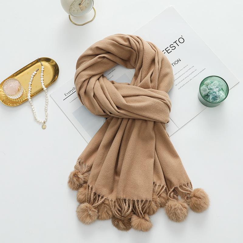 Girls Cute Imitation Cashmere Scarf Women's Winter Warm Solid Color Big Rabbit Fur Ball New Scarf Shawl
