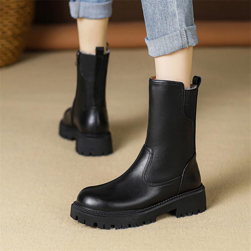 Mode Neue Winter Echtleder Damenstiefel Schuhe für Damen Wollstiefel Hohe Absätze Stiefeletten Damen Plateauschuhe Chelsea Schneestiefel
