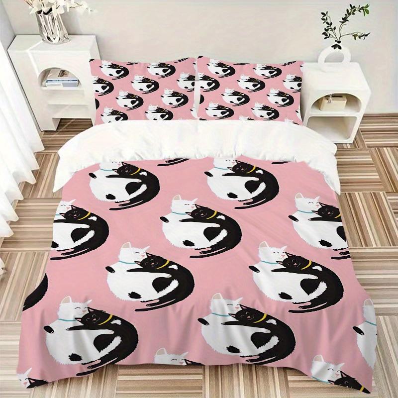 3pcs Cat Hug Pattern Bedding Set, Breathable and Soft, Suitable for All Seasons, Ideal for Home Use, Suitable for Bedroom Decor 21148