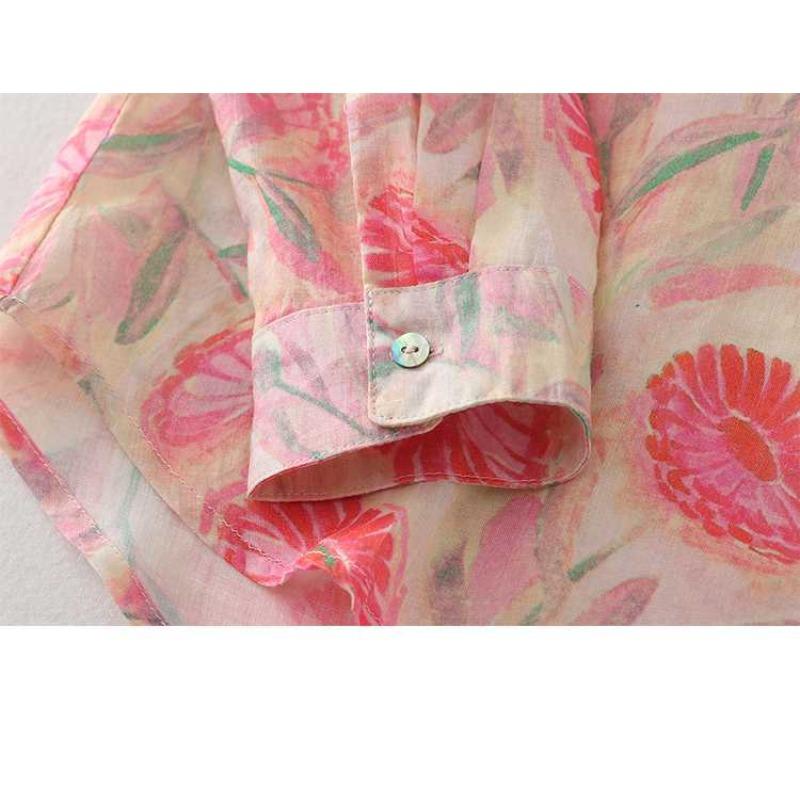 Autumn Pink Floral Shirt Linen Small Shirt French Literary Printing Shirt All-match Women