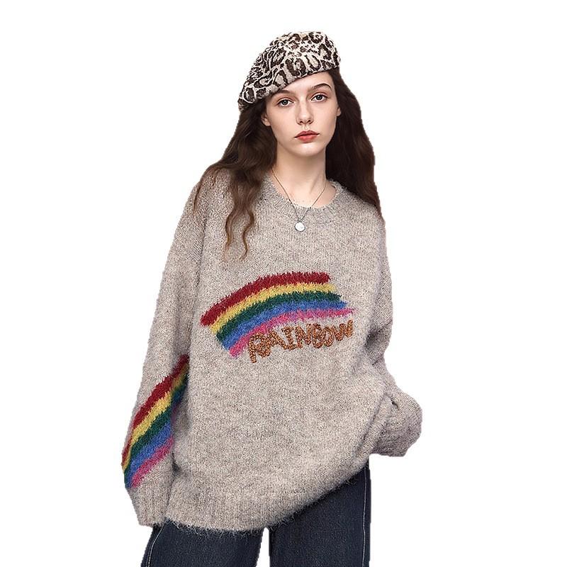 New Autumn/Winter Women's Loose Knitted Sweater - Rainbow Pattern Round Neck Embroidered Soft and Comfortable Knitted Top