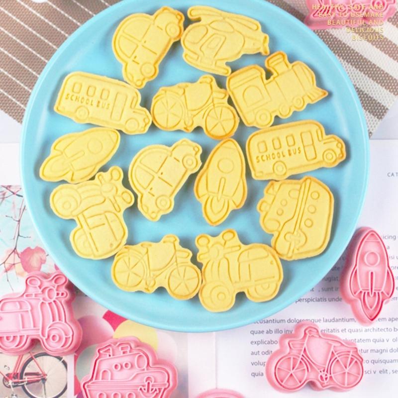 8Pcs Cartoon Transports Vehicle Pattern Cookie Cutters Pressable Biscuits Mold