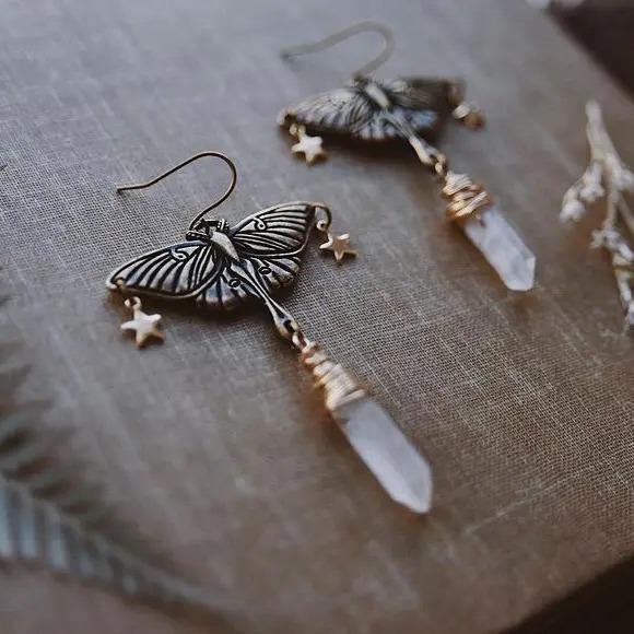 Silver Moonstone Moth & Quartz Celestial Earrings