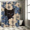 Black Cat in Floral Pattern Waterproof Shower Curtain Heat Resistant Machine Washable Non-Transparent 180x180cm