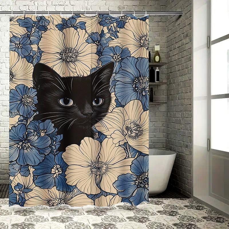 Black Cat in Floral Pattern Waterproof Shower Curtain Heat Resistant Machine Washable Non-Transparent 180x180cm